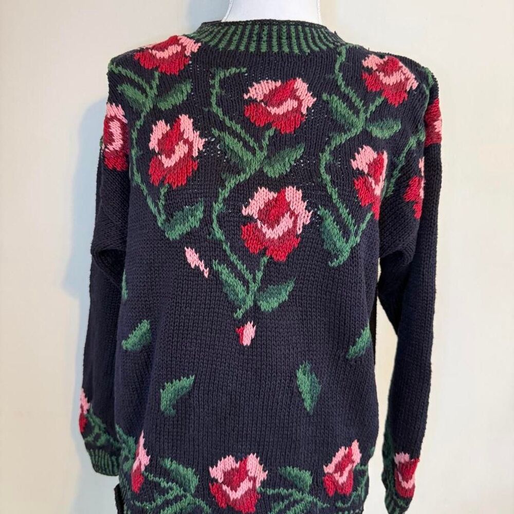 Vintage 90s Floral Rose Intarsia Knit Sweater L / Cottagecore Grandmacore